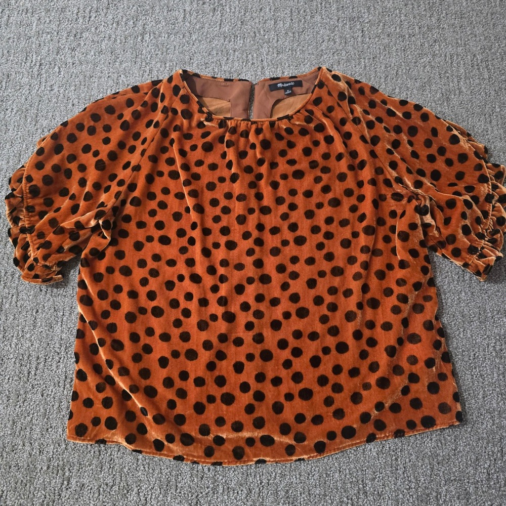 Madewell Velvet‎ Polka Dot Blouse Womens M Brown Textured Romantic Boho